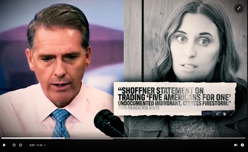 Still from the Cotton campaign ad “Five for One”: a split screen of a man speaking into a microphone beside Hallie Shoffner, over a torn newspaper headline reading “Shoffner statement on trading ‘five Americans for one’ undocumented immigrant, creates firestorm,” credited to South Arkansas Now.