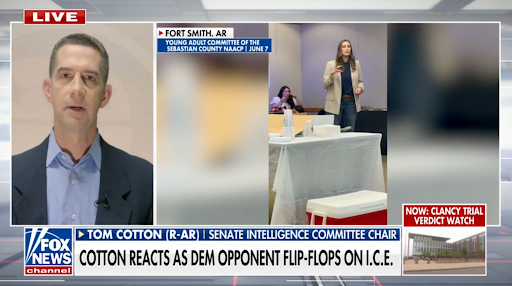 Fox News America’s Newsroom clip of Senator Tom Cotton (R-AR), Senate Intelligence Committee Chair, beside footage of Hallie Shoffner speaking to the Young Adult Committee of the Sebastian County NAACP in Fort Smith, AR on June 7, under the banner “Cotton reacts as Dem opponent flip-flops on I.C.E.”
