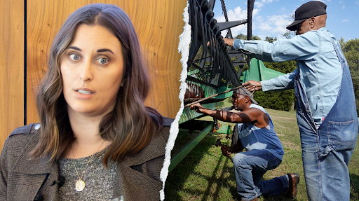Split image: a portrait of Arkansas Democrat Hallie Shoffner beside two farm workers servicing a green piece of farm equipment in a field.