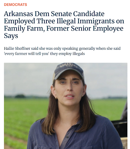 Washington Free Beacon story in the Democrats section headlined “Arkansas Dem Senate Candidate Employed Three Illegal Immigrants on Family Farm, Former Senior Employee Says,” with the deck “Hallie Shoffner said she was only speaking generally when she said ‘every farmer will tell you’ they employ illegals,” above a photo of Hallie Shoffner in an Arkansas cap and denim shirt standing in a green crop field.